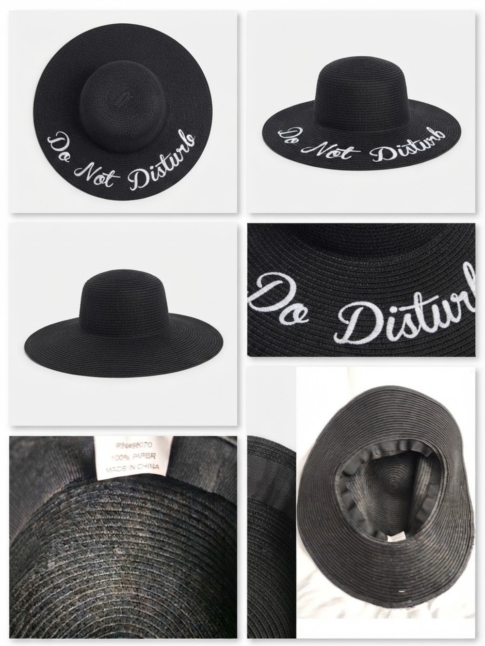 Wide-Brim Straw Sun Hat "Do Not Disturb" - Black